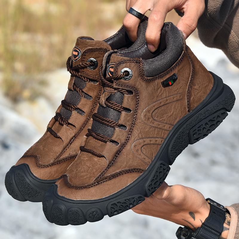 Fashion Outdoor Men's Boots Brown Leather Casual Shoes Waterproof Hiking Shoes Warm Winter Boots for Men High Top Platform Snow Boots