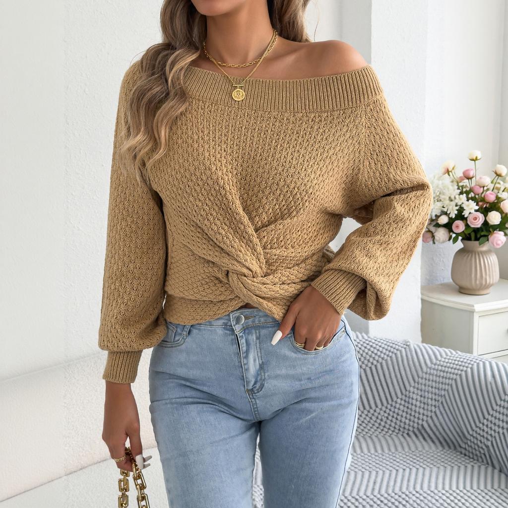 Women's Casual Color Off-Shoulder Knot Long Sleeve Sweater for Everyday Wear