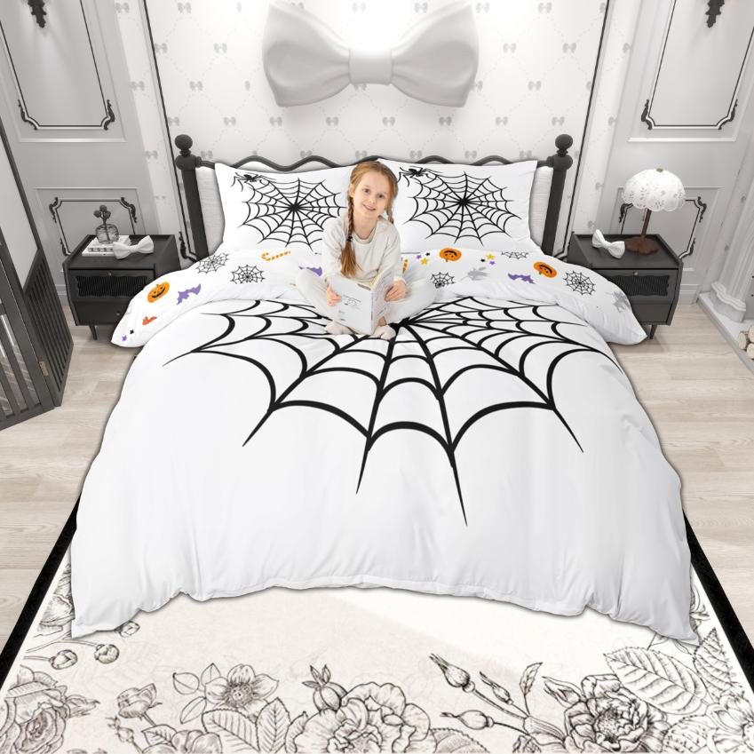 Homewish Spider Web Duvet Cover Set, Happy Halloween Theme Bedding Set, Reversible Comfoter Cover Set