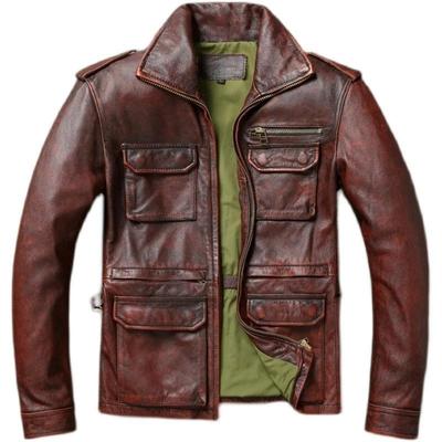 Chinesische Größe Vintage Rot Braun Schwere M65 Jagdjacken Lange Kopfschicht Rindslederjacke Retro Lederjacke Herren Motorradjacken