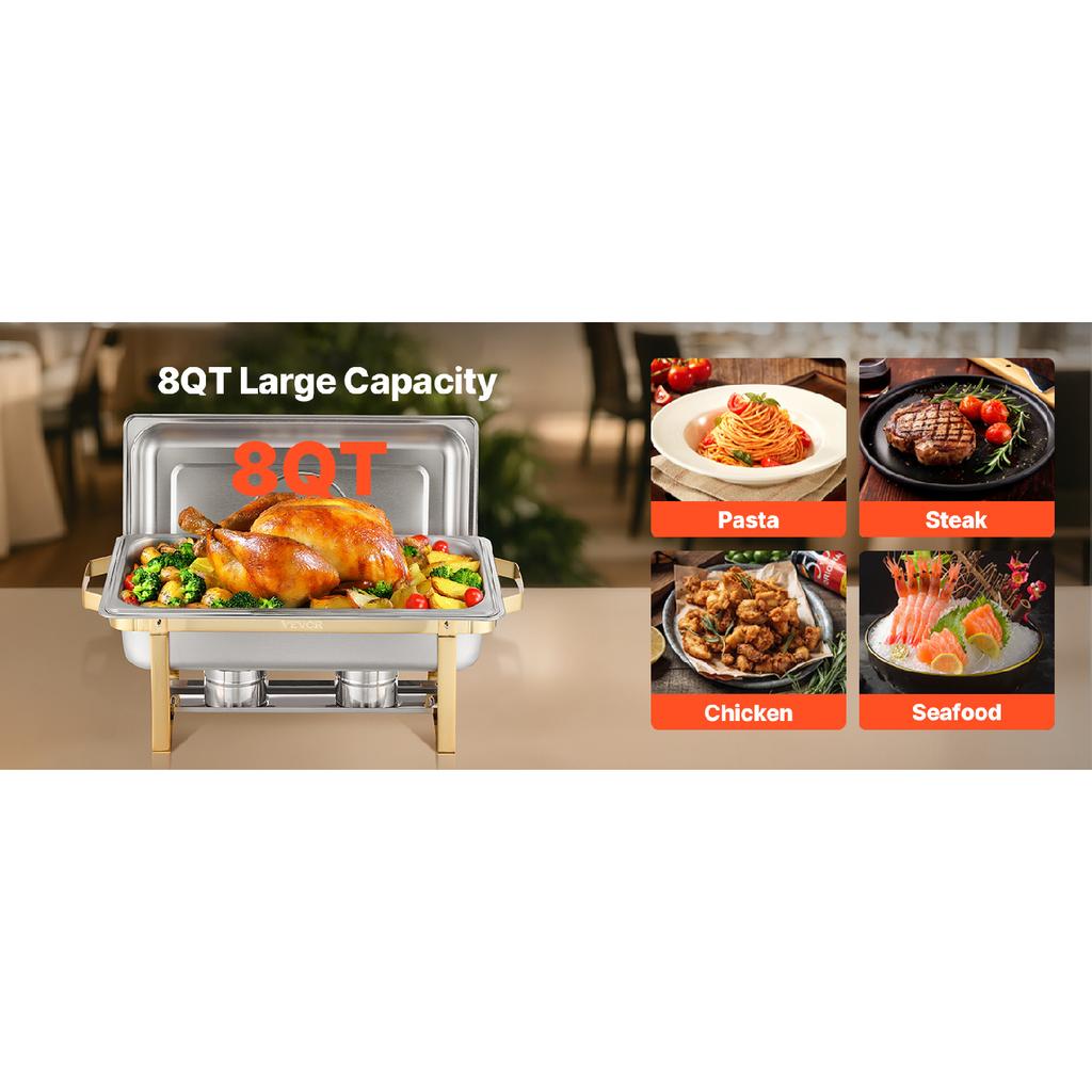 VEVOR Chafing Dish Buffet Set 8 Qt Stainless Steel Chafer with  Full Size Pans Rectangle Catering Warmer Server with Glass Lid