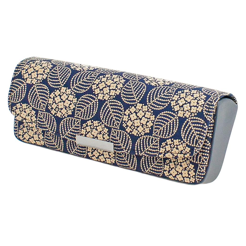 Inden H Glasses Navy Blue with White Hydrangea [Inden-ya] Case, Deerskin, Lacquer, Pattern, 4206-14-174
