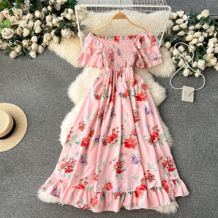 Summer Floral Off Shoulder Dress Women High Waist Short Sleeve Ankle Length Spring Casual Fashion