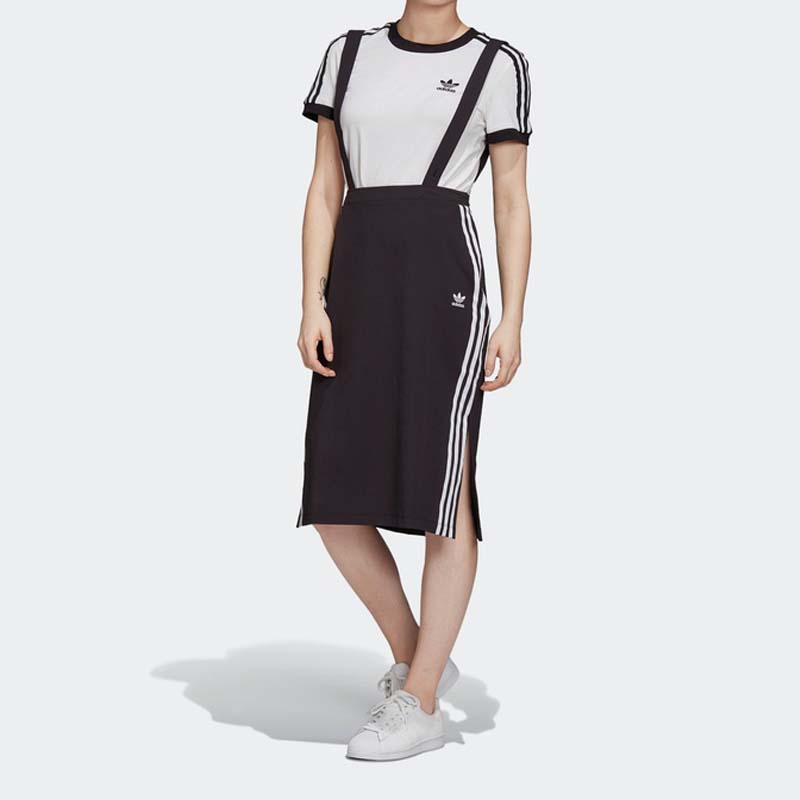 Adidas Originals Chino Skirt Sports Stripe Breathable Quick-Dry Round Neck Sleeveless Dress Women Dresses Black GK3657