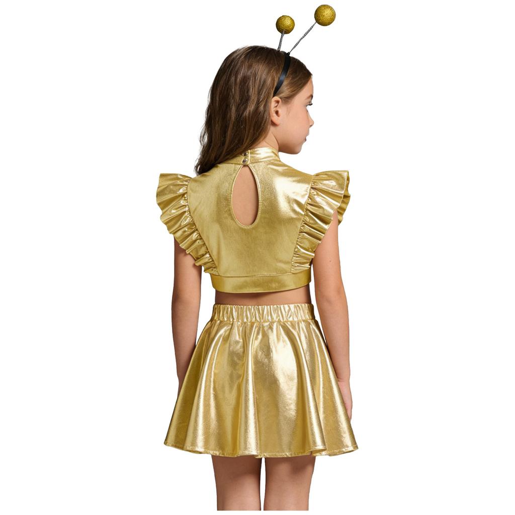Mädchen Alien Cosplay Metallisches Outfit Strasssteine Ärmelloses Rüschen Crop Top A-Linien-Rock Haarreif-Set