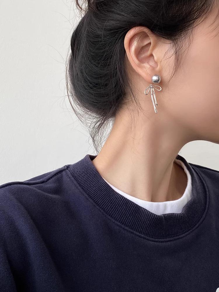 925 Silver Bowknot Gray Pearl Earrings for Women
