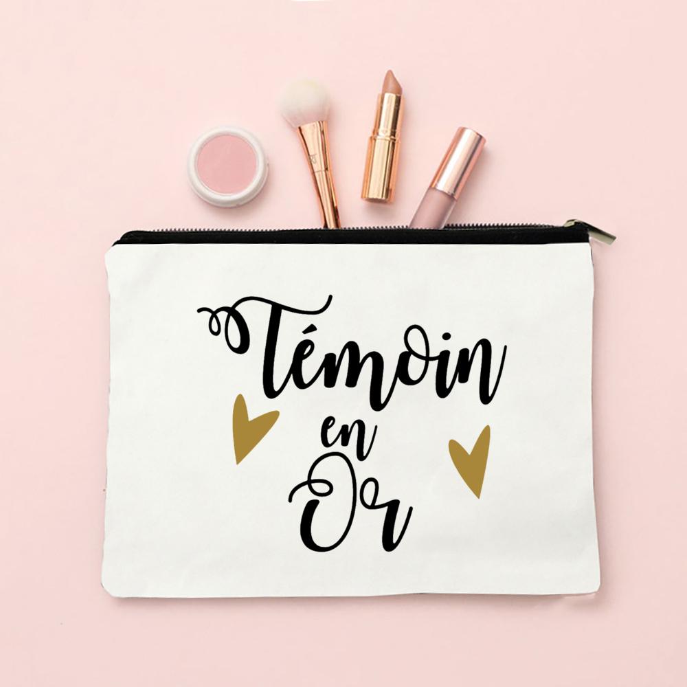 Do You Want To Be My Witness French Print Makeup Bag Female Neceser Toiletry Storage Linen Zipper Bags Wedding Gift for Witness