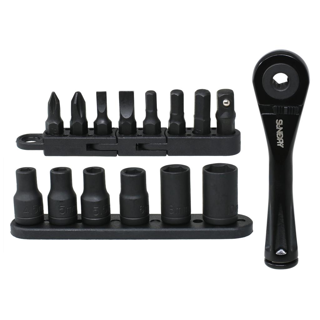 SUNDRY Mini Ratchet 72 Feed 7 6 and 1 Socket Set, 6.35mm (1/4 Inch) Drive, Gears, 5° Angle, Bits, Sockets, Adapter, SDR-B02