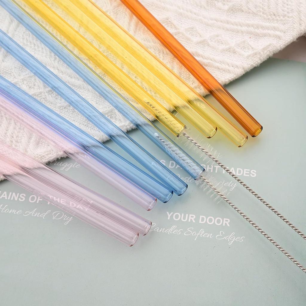 15 Pack Reusable Glass Straws, 8inch X 8mm Drinking Straws Travel Set, Include 12 Straws, 2 Cleaning Brush, 1 Bag, For Smoothies, Beverages, Juice