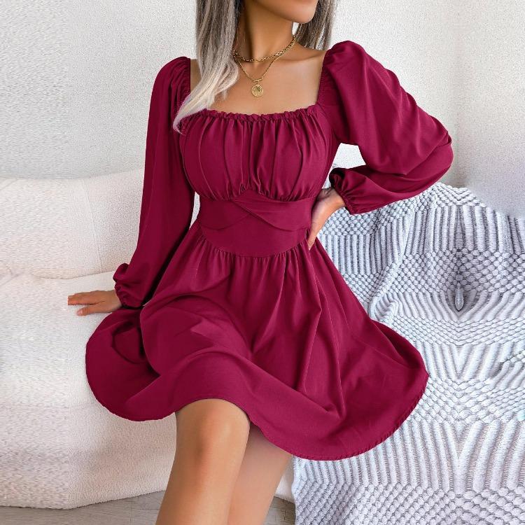 Vestito da Donna Vita Alta Colore Unico Scollo Quadrato Ampia Gonna Bordo in Legno Primavera Estate