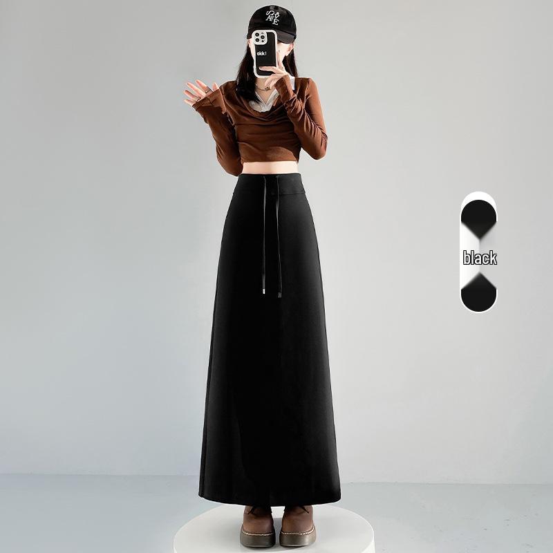 Women's Black Knit Skirt - 2026 Spring Arrival: Versatile Slimming Midi with Slit and Sticky Rice Hip Wrap.