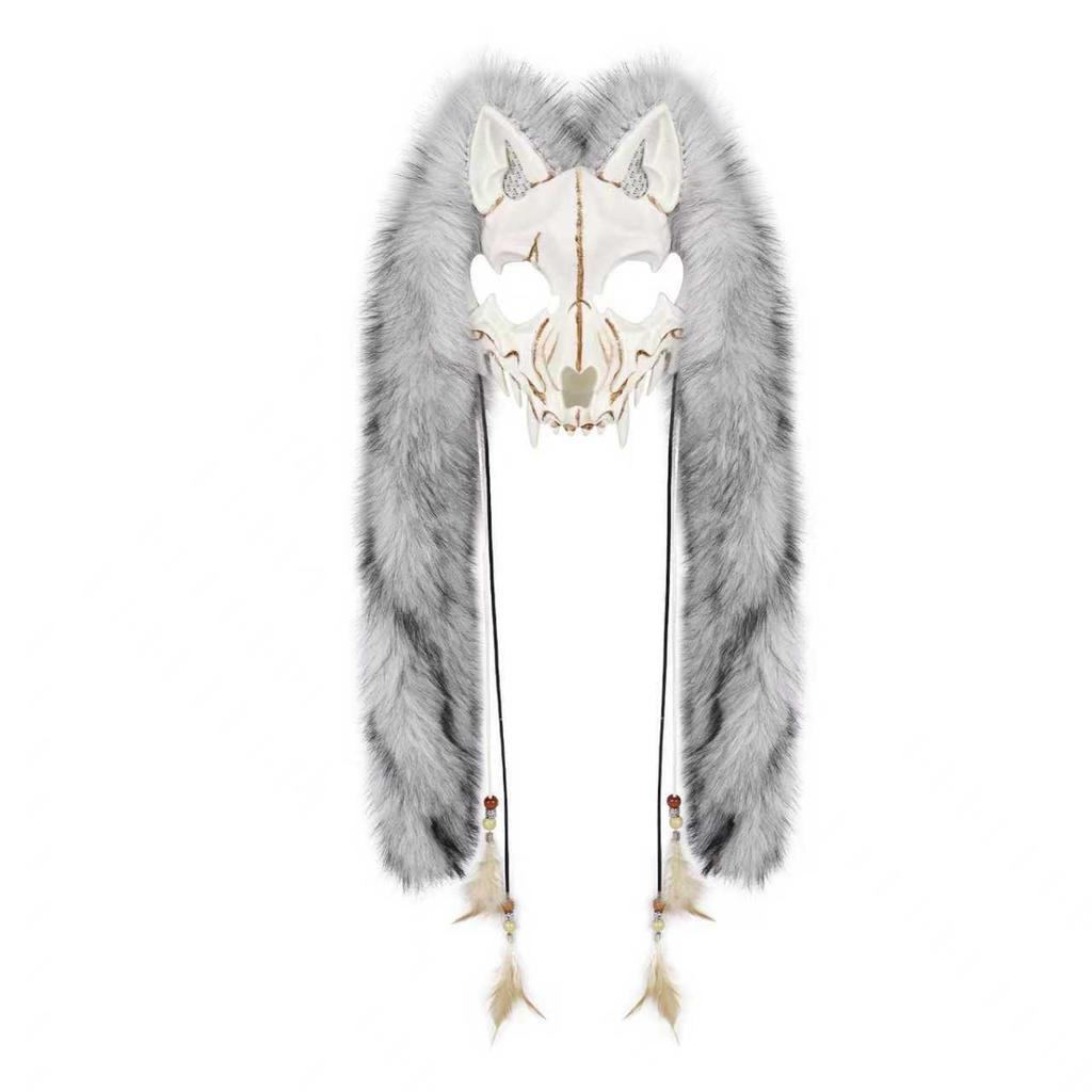 Halloween Karneval Mode Tiermaske Wikinger Fuchsmaske mit Kunstfell Kopfschmuck COS Werwolf