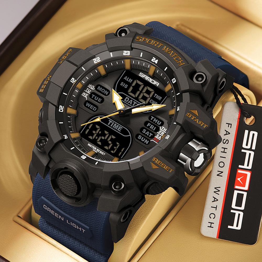 SANDA Sports Military Men's Watches Luxury Dual Display Watch 50M Waterproof Quartz Wristwatch for Male