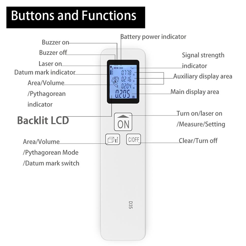 35m Laser Measure LCD Digital Laser Distance Meter Pocket Size Mini Range Finder Distance/ Area/