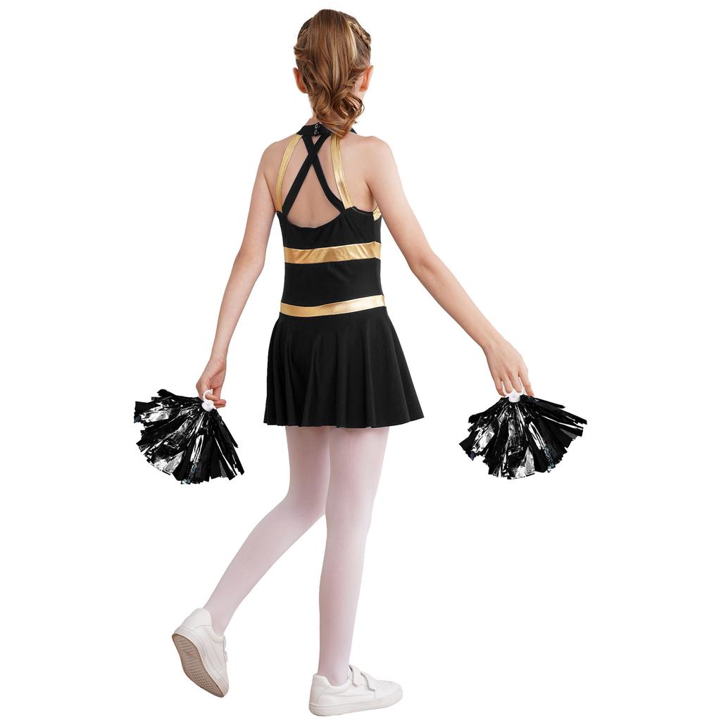 Girls Sleeveless Letters Printed Patchwork Hollow Back Dress Tassel Flower Balls Pair Cheerleading Dance Costume