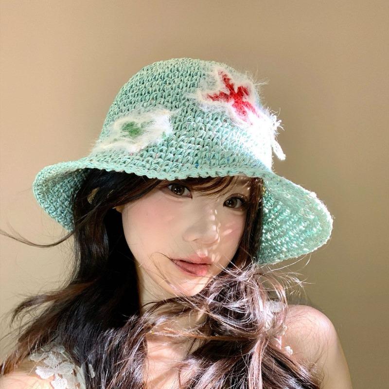 Women Hats Handmade Knitted Star-Shaped Open-Work Bucket Hat Summer Seaside Vacation Beach Sun Protection Caps For Ladies