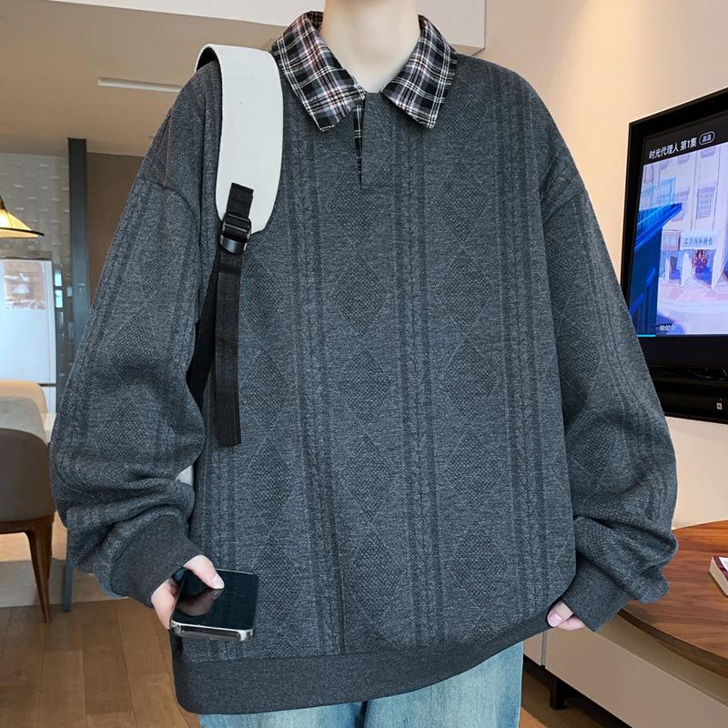 

Поддельный двухслойный свитер с лацканами большого размера, студенческий стиль, модная рубашка с воротником ПОЛО в гонконгском стиле 5XL темно-серого