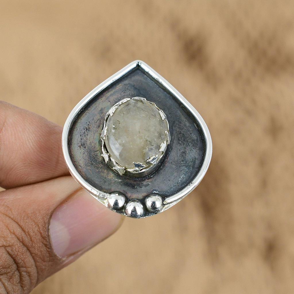 Mothers day Deal 925 Sterling Silver Golden Rutile Gemstone Statement Wife Ring