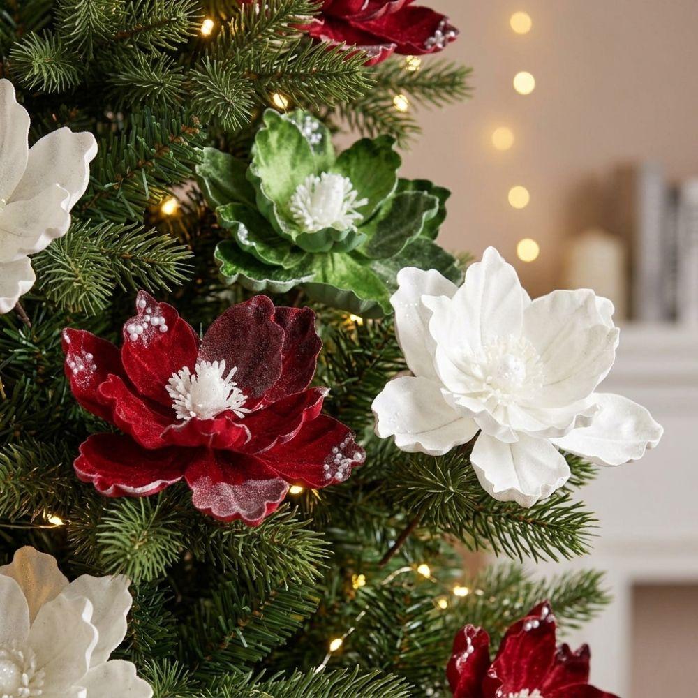Fiori di Magnolia di Natale Floccati Realistici Fiori di Natale Finti con Paillettes Decorazioni Nuziali