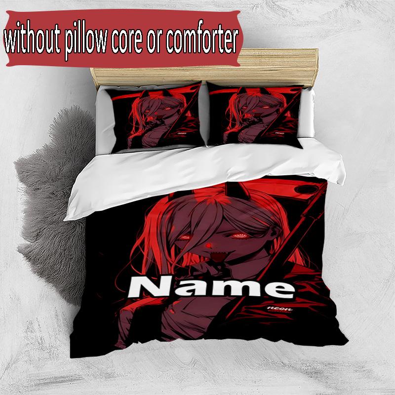 3pcs Duvet Cover Set (1*Duvet Cover + 2*Pillowcase, Without Core), Custom Name Makima Chainsaw Man Pattern Bedding Set, Home Bedroom Decor Gift