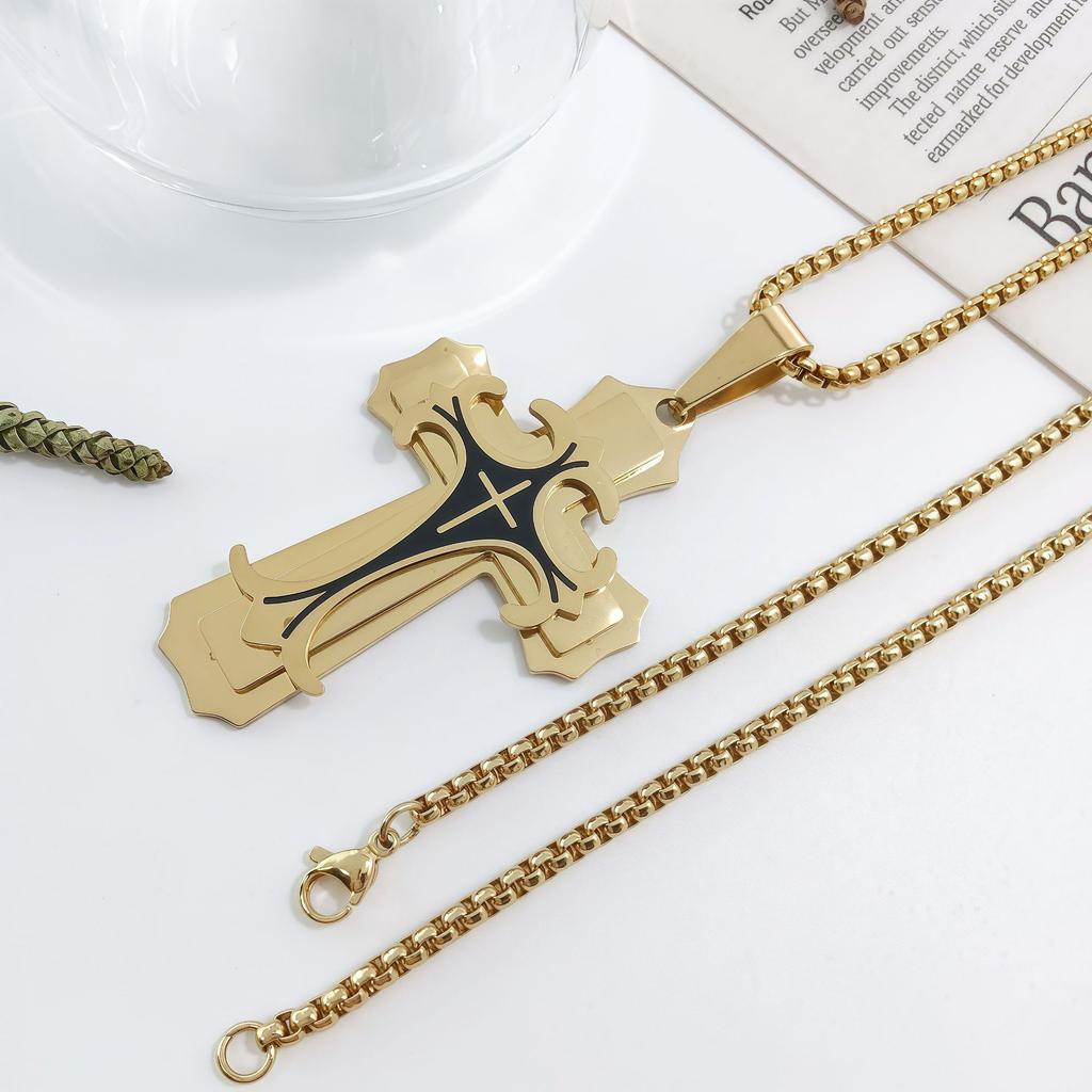 New Trendy Men's Titanium Steel Flat Section Necklace from Europe and America, Stainless Steel Oil Drop Cross Pendant