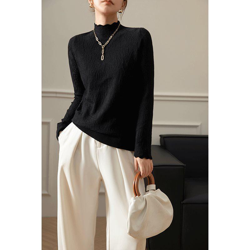 Women's French Style Semi-High Neck Lace Jacquard Sweater – Spring Slim Fit Pullover Top