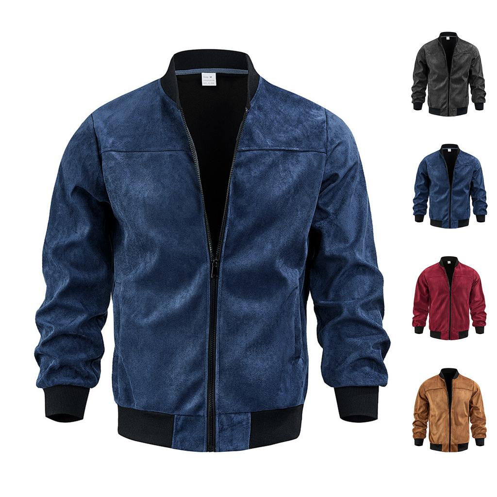 Men's Jacket Casual Vintage Long Sleeve Color Zip Up Outerwear for Spring and Fall