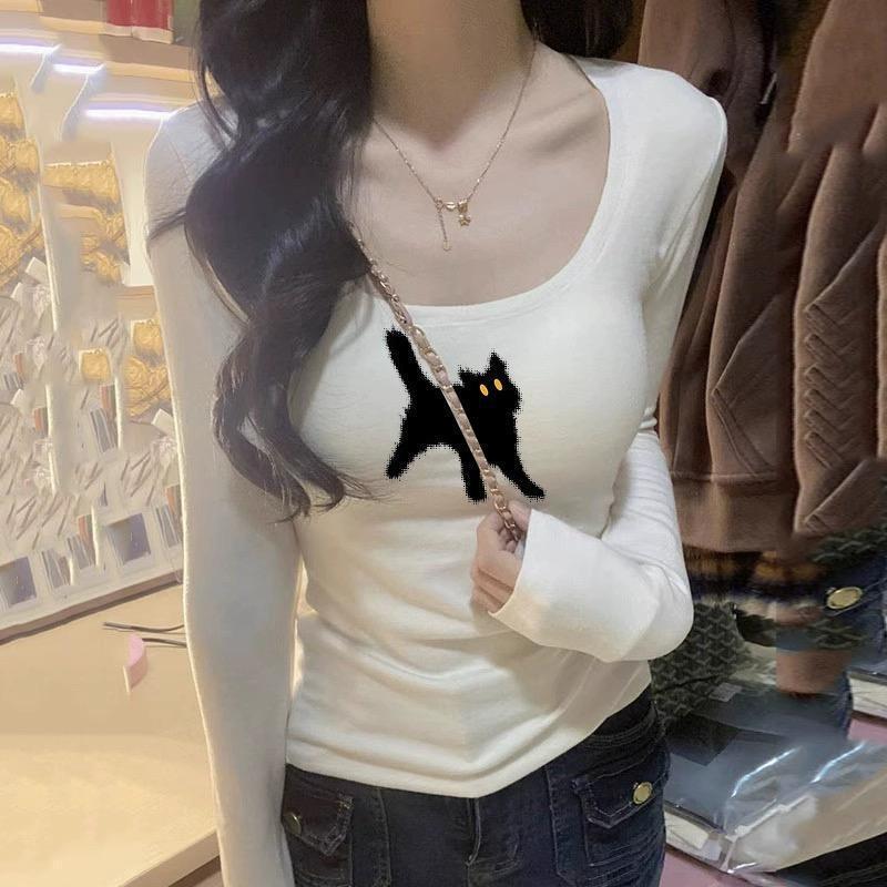 

2025 Autumn/Winter U-neck German Fleece Slim-fit Flattering Sweet Spicy Girl Student Long-sleeve Women s Top S белый