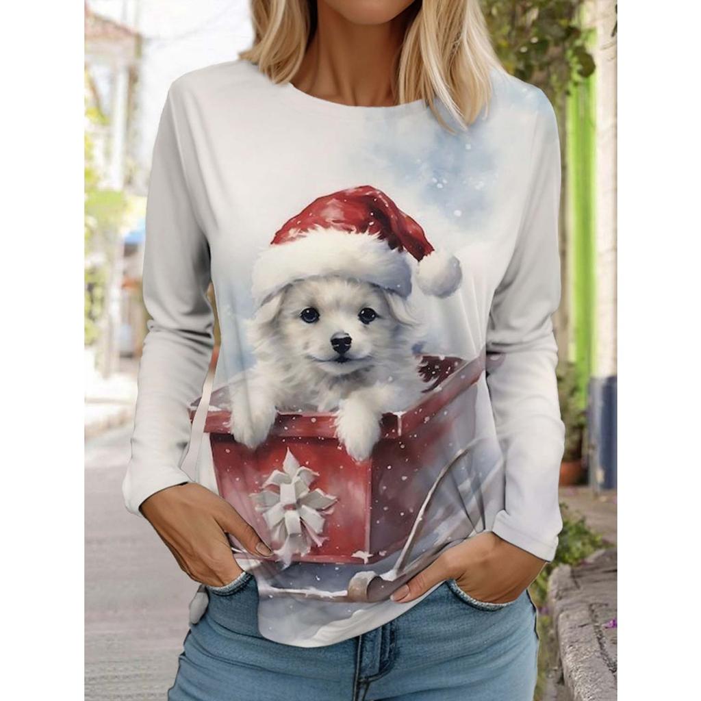 Weihnachten Damen Langarm T-Shirt Lässig Mode Weihnachten Niedliche Katze&Hund Feiertagsgeschenke Oberteile Harajuku Tier Damenbekleidung