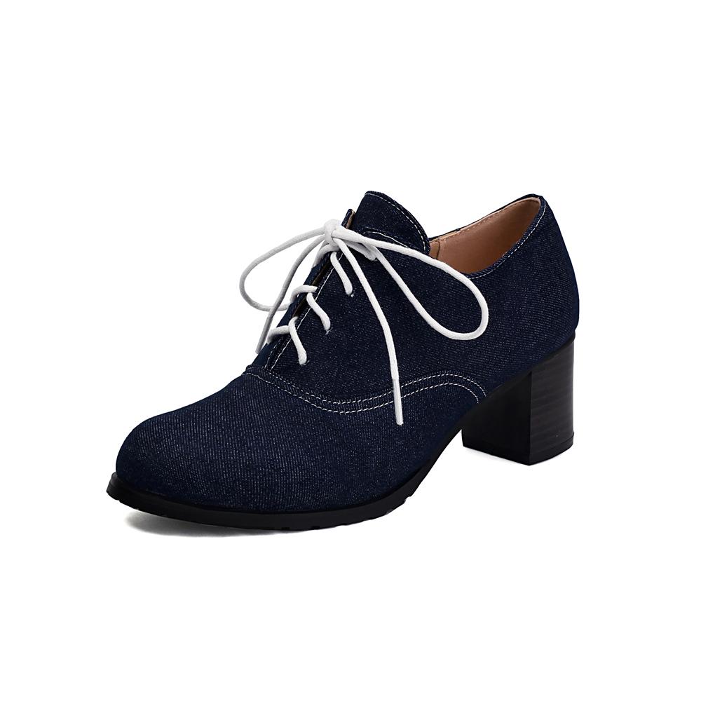 Móda Vintage Denim Dámské Šněrovací Lodičky Čtvercový Podpatek Kulatá Špička Vysoké Podpatky Britský Styl Oxfordky Podzim Nízký Svršek Studentské Boty Modré Kozačky
