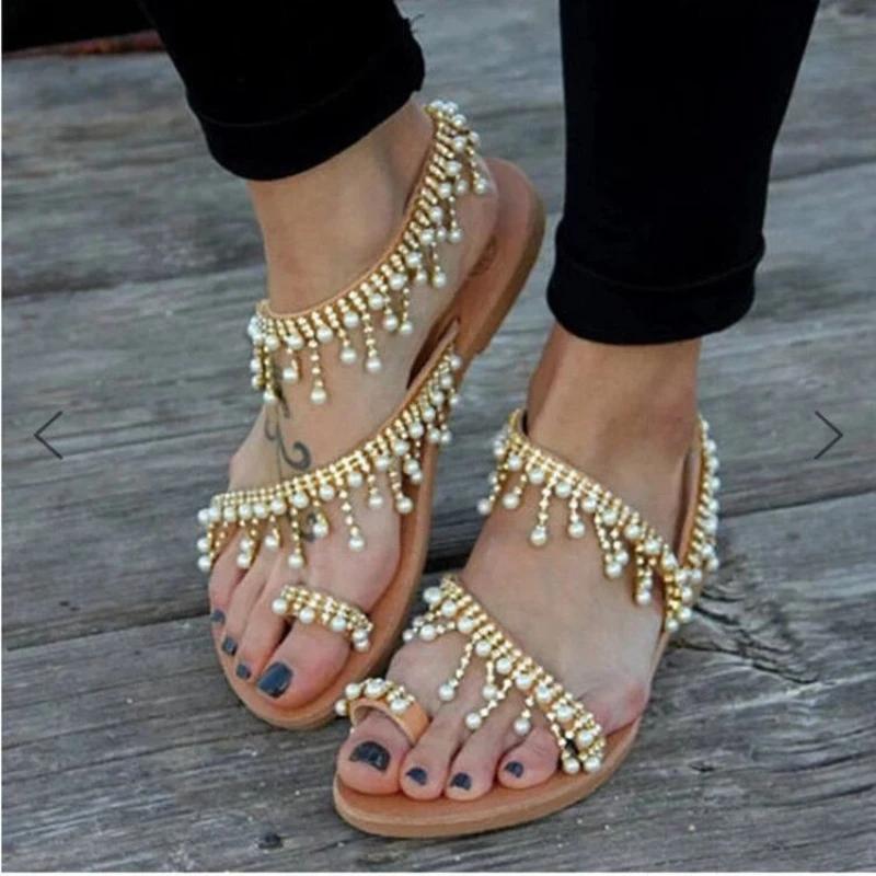Women's Sandals Summer Pearl Fringe Beach Shoes Exposed European and American Fashion Casual Flat Sandals Large Size