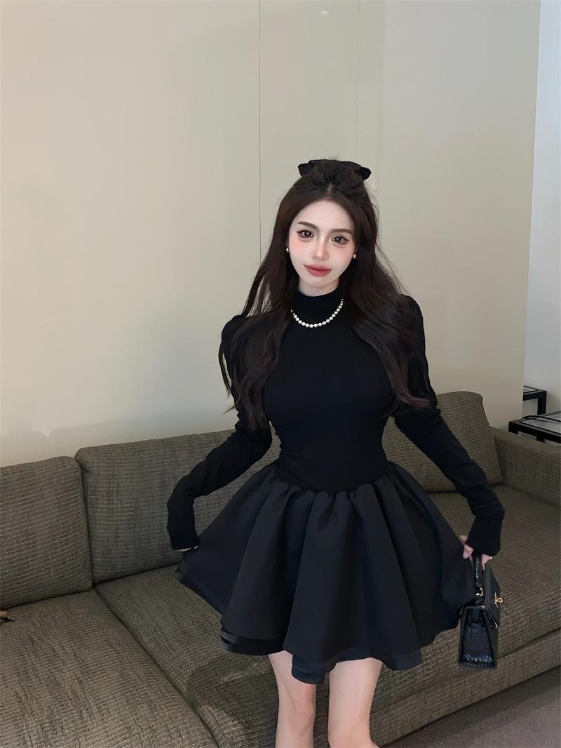 

Black splicing pleated long-sleeved dress women s clothing winter waist semi-turtleneck tutu skirt temperament bottoming short skirt XL