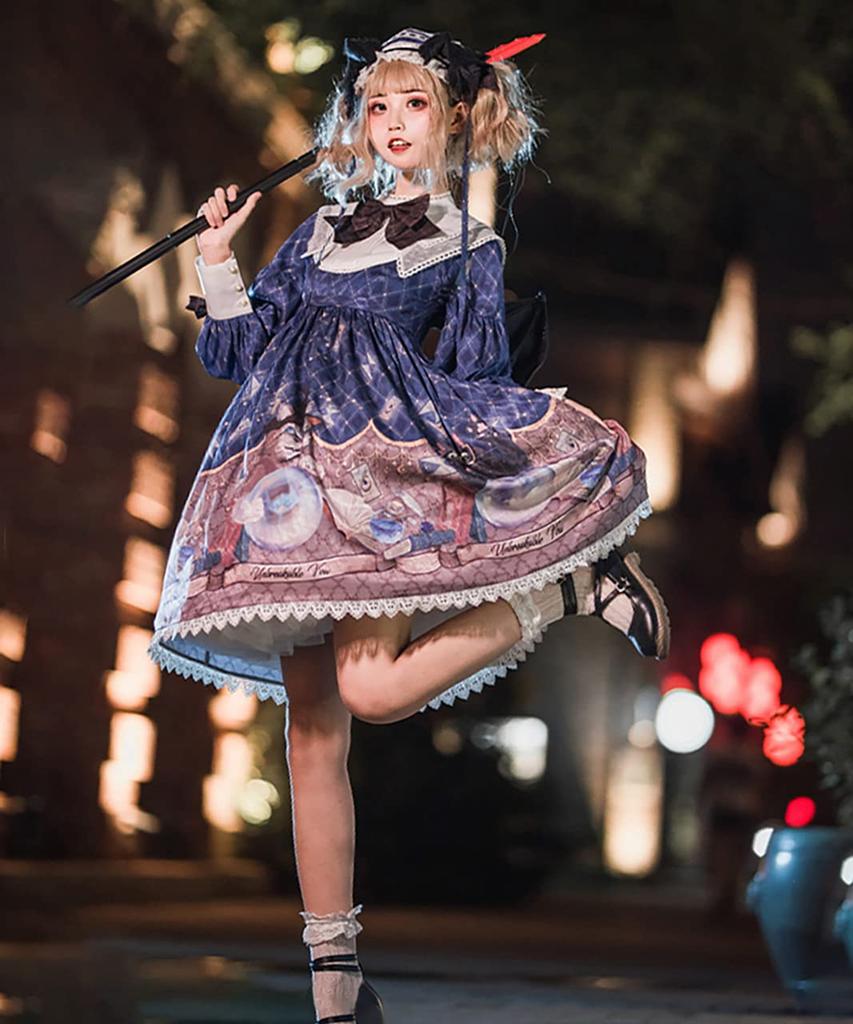 [Milky Time] Lolita Classic Lolita Dress with Mutton Sleeves, Long Sleeves, Magic Crystal, and Cat Design (Navy)