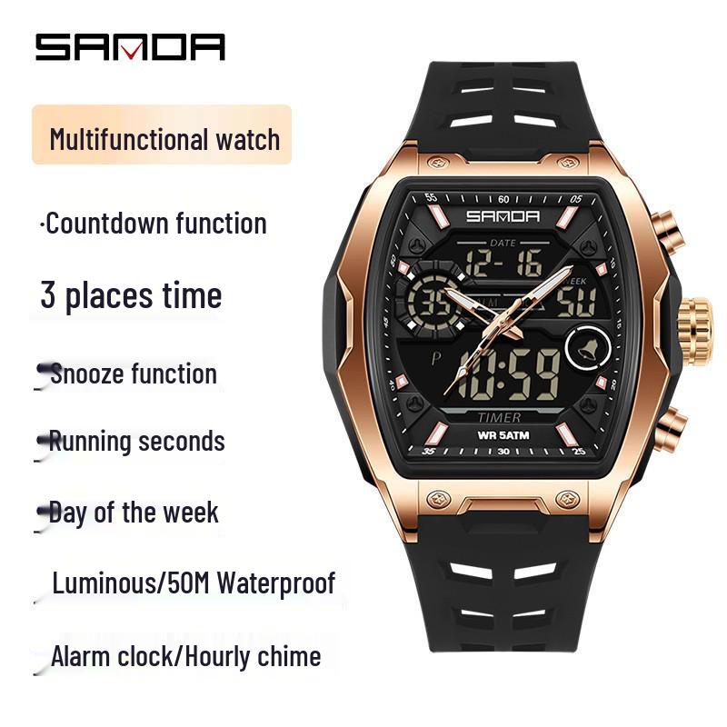 Sanda Dual-Movement Barrel Watch: Luminous Alarm, Large Dial, Multifunctional Student Watch.