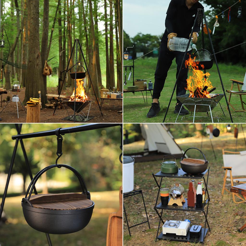 Cast Iron Dutch Pots With Wood Lid Cooking Hotpot Picnic Hanging Soup Pots Camping Cooking Pots Outdoors Accessories