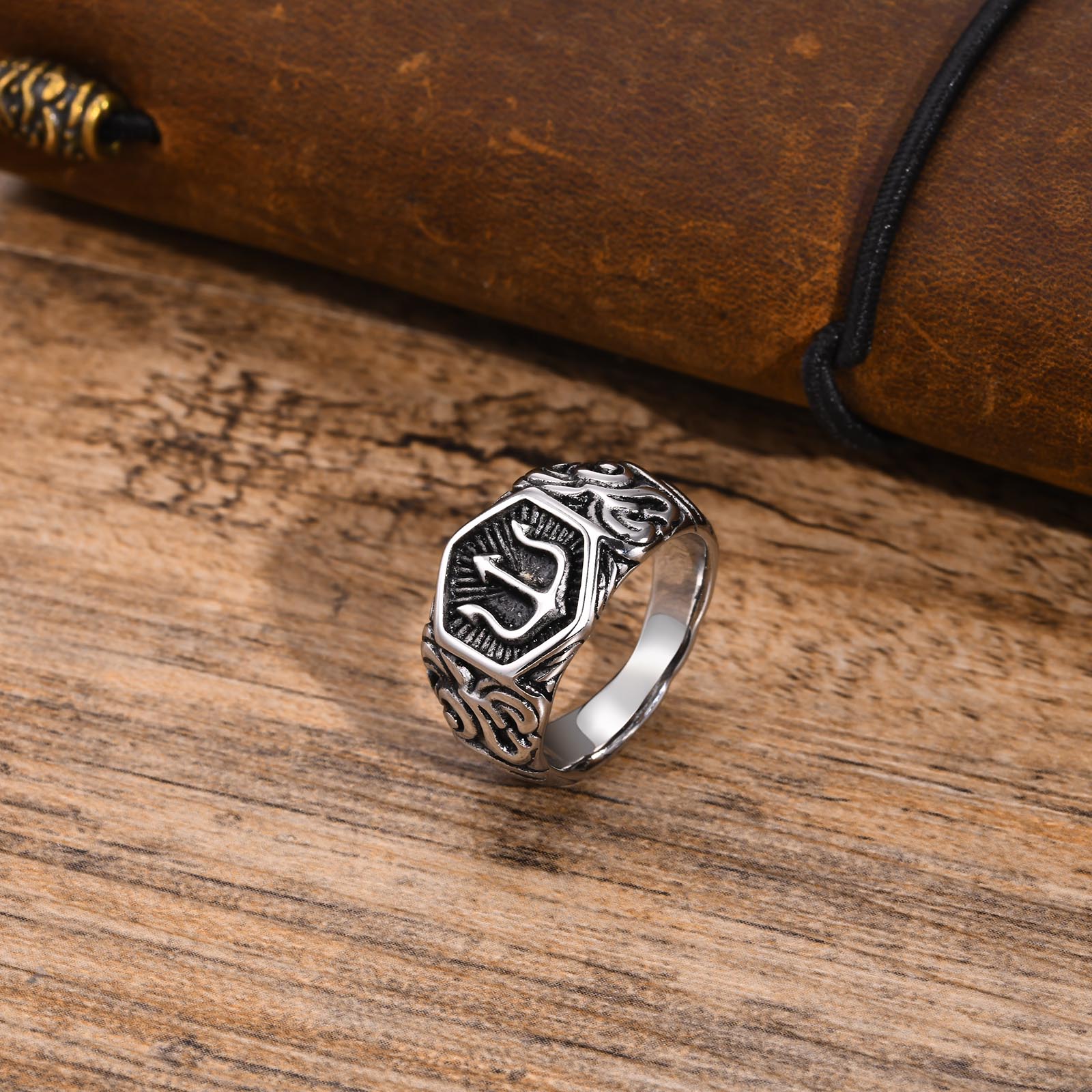 

Mprainbow Mens Tridant Signet Ring, Waterproof Stainless Steel Geometric Top Stamp Finger Band, Rock Punk Gifts for Him Jewelry 12