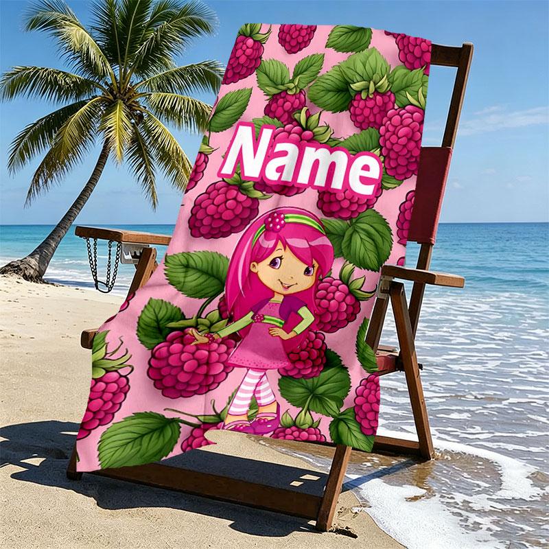 Custom Name Personalized Strawberry Shortcake Print Beach Towel, for Trip Camping Beach Party Home Decor, Birthday Gift for Family & Friends