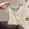 Korean Style Chic Color Block Patchwork Half-Open Collar Short Sleeve T-Shirt for Women