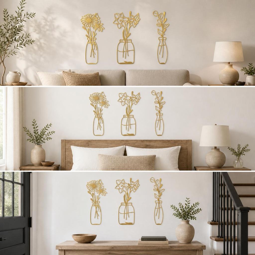 3 Pieces Metal Wall Art with Floral Arrangement Botanical Openwork