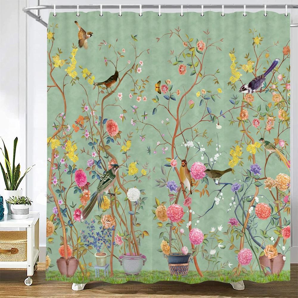 Chinese Style Flower Bird Shower Curtains Waterproof Bathroom   Curtain 3d Printed Fabric With Hooks Decoration Shower Curtain