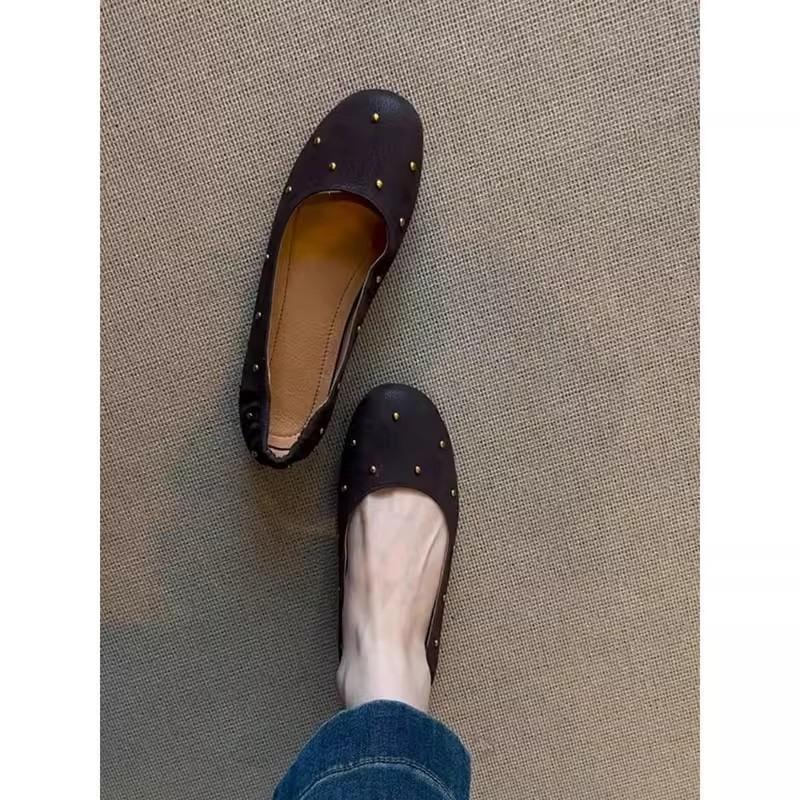 Sheepskin Version~ 2025 Spring and Autumn New Round Head Rivets Shallow Mouth Single Shoes Women's Flat Shoes French Ballet Shoes Grandma Shoes