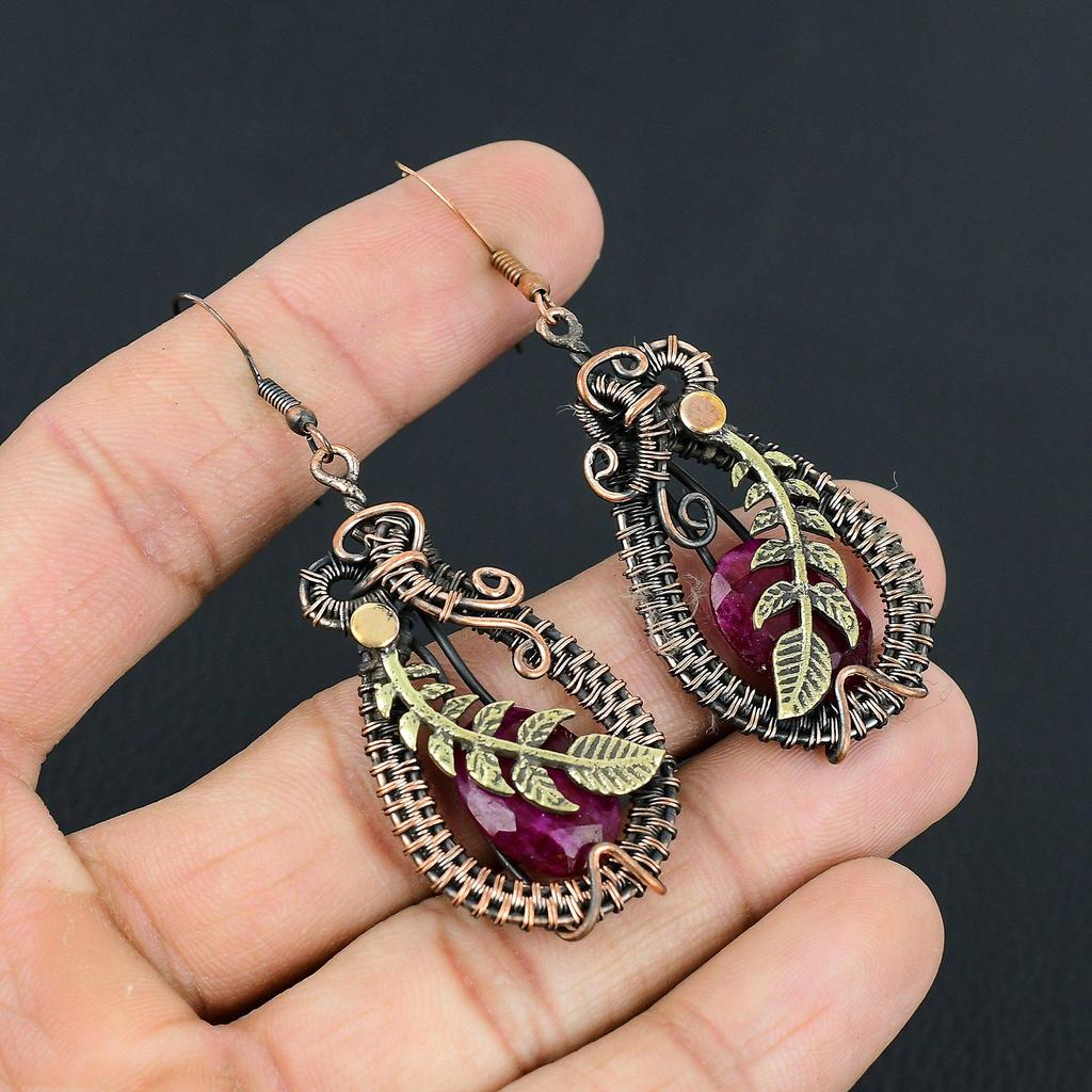 Wonderful Ruby Gemstone Handmade Pure Copper Wire Wrapped Earrings Jewelry