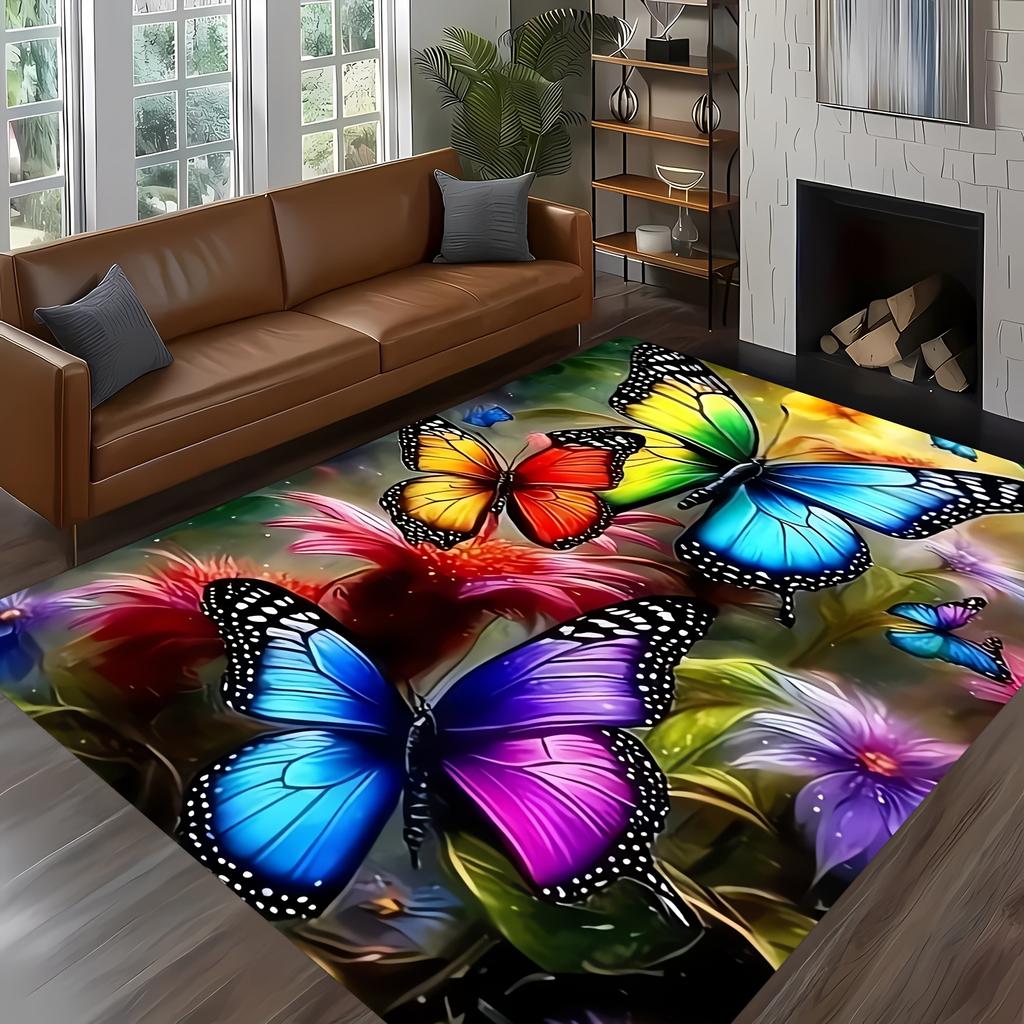 Golden Diamond Velvet Dot Plush Vibrant Butterfly Design Area Mat Soft Colorful Floral Print Living Room Bedroom Study Game Room