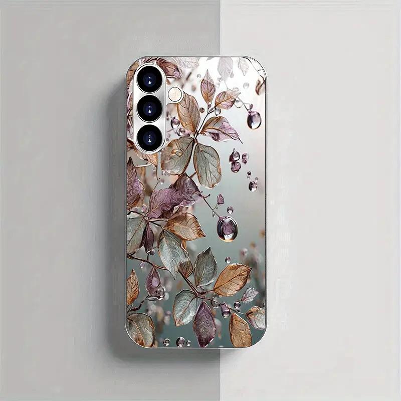 Water Droplet Leaf Pattern Glass Phone Case Suitable for Samsung Galaxy S26 S25 S24 S23 S22 S20 FE/Ultra/Plus Anti Drop