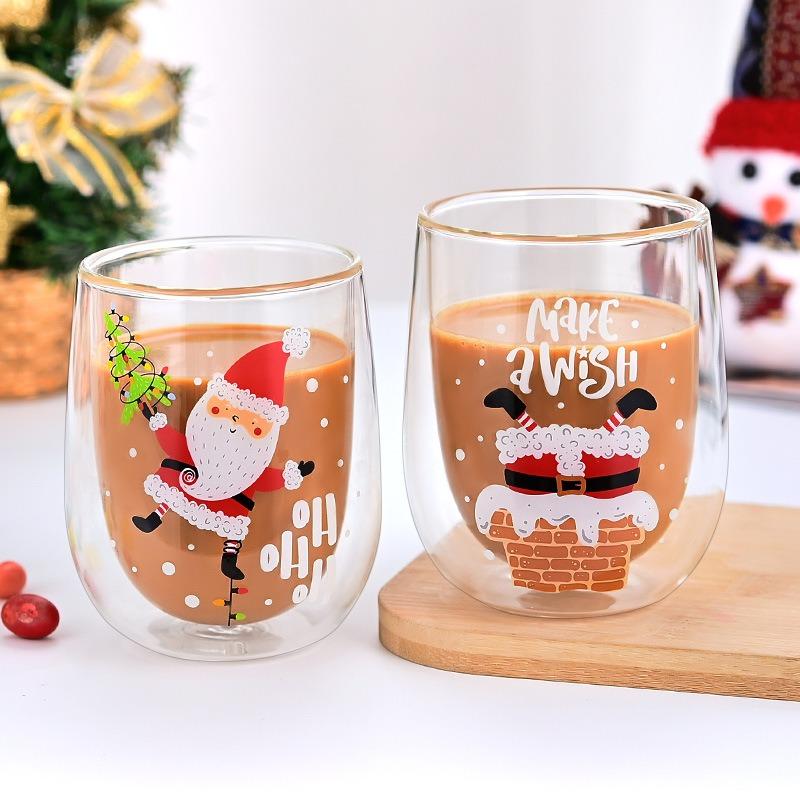 Christmas Double Wall Glass Cups Santa Claus Pattern Heat-resistant Water Cup Home Juice Tea Milk Coffee Mug Xmas Gift Drinkware