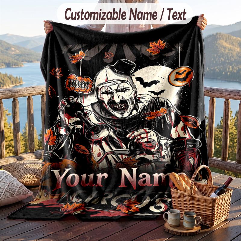 Custom Text Flannel Throw Blanket, Lightweight Cozy Bed Sofa BlanketTerrifier Art the Clown