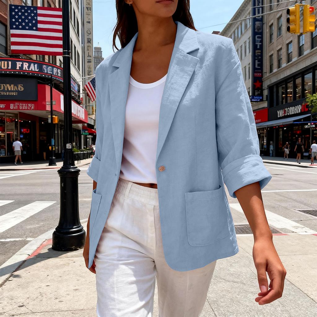 Women's Casual Linen-Cotton Cardigan with Pockets and Seven-Eighths Sleeve