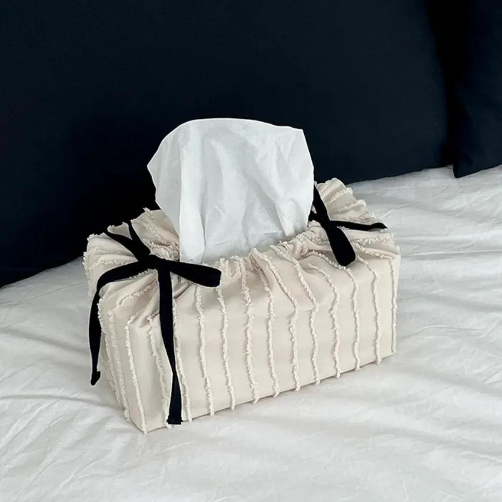 Practical Ribbon Drawstring Tissue Bag Adjustable Solid Color Fabric Tissue Box Practical Paper Towel Holder Home Decoration