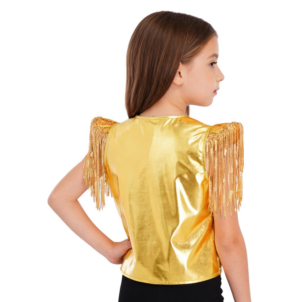 Boys Sequined Patchwork Vest Tassels Cap Sleeves V Neckline Stage Performance Waistcoat