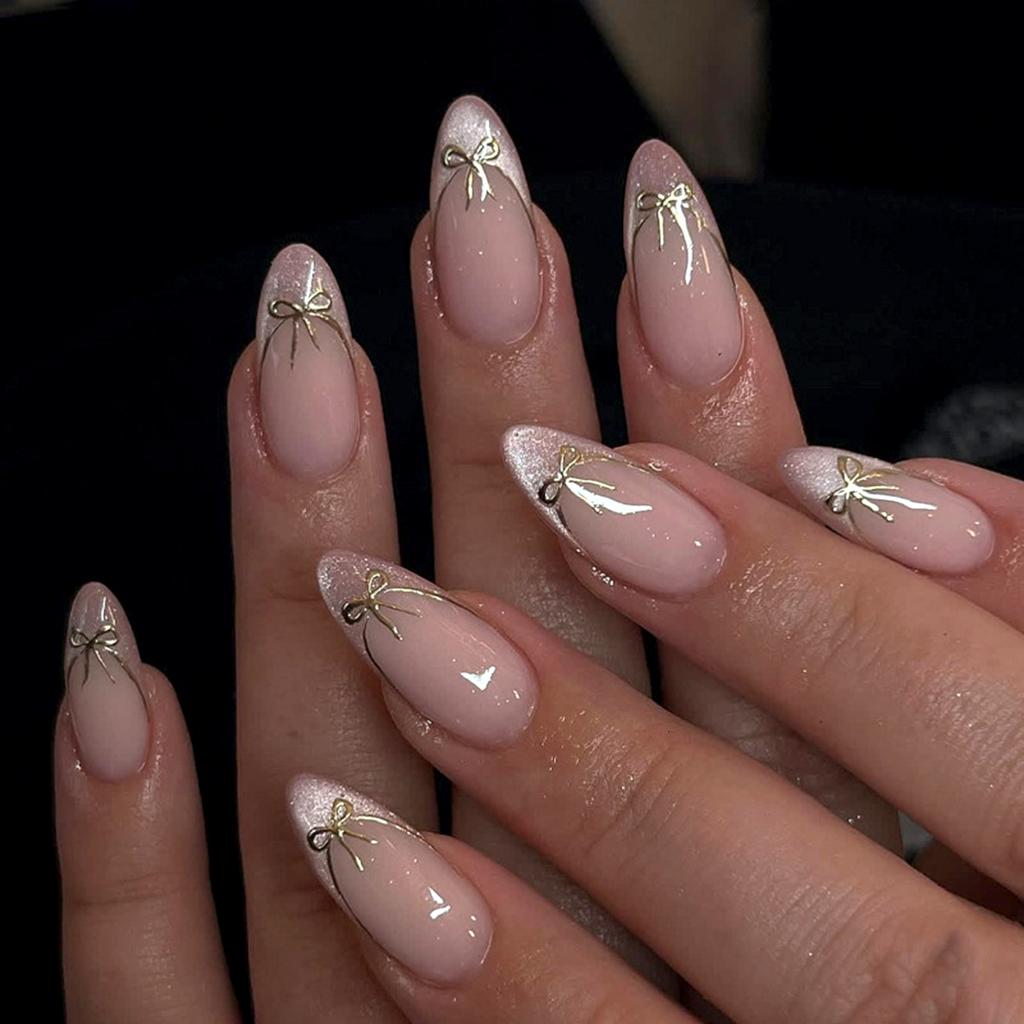 French Pink False Nails 24Pcs Almond Shape With Bowknot Decoration For Wedding Party